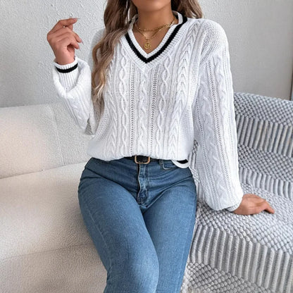 Automne hiver col en v pull pull femmes mode couleur bloc pulls Style Streetwear lanterne à manches longues tricoté chandails