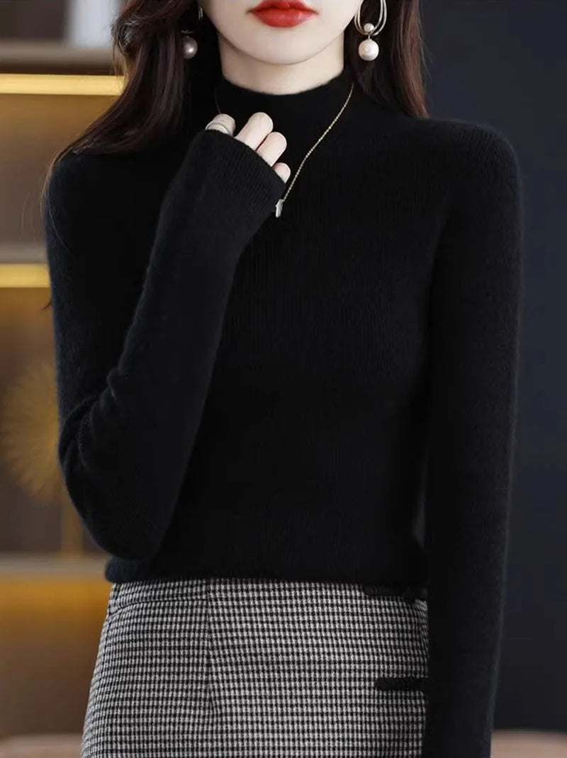 Pull en tricot à demi-col roulé pour femme, couleur unie, coréen, manches longues, mode assortie, épais, chaud, Slim, nouvelle collection automne hiver