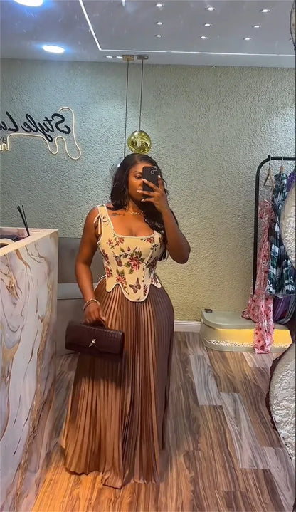 CM.YAYA ensemble femme imprimé fleuri taille cintrée gilet + jupes longues plissées costume 2025 fête soirée rue deux 2 pièces ensemble tenue