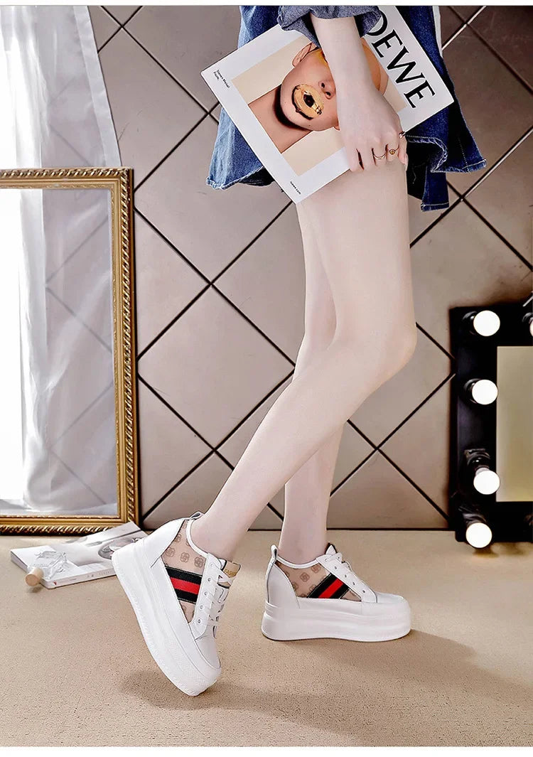 9cm femmes chaussures grosses baskets Air maille évider en cuir véritable blanc chaussures compensées plate-forme talon pompes Mujer Bombas