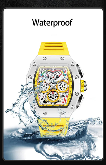 ONOLA-Montre Tonneau Étanche pour Homme, Chronographe, Quartz, dehors, Bracelet Silicone, Montre-Bracelet Blanche, Luxe, Nouvelle Mode, 2024