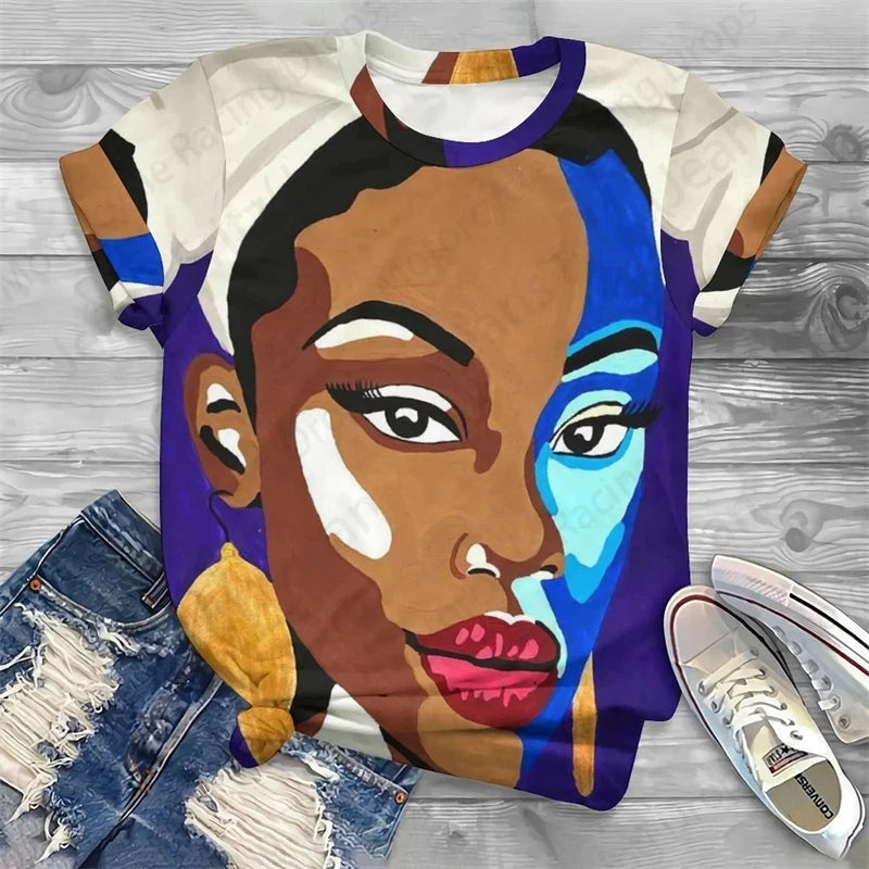 T-shirt col rond femme noir, streetwear, vintage, africain, impression 3D, mode décontractée, visage noir, baggy, t-shirts