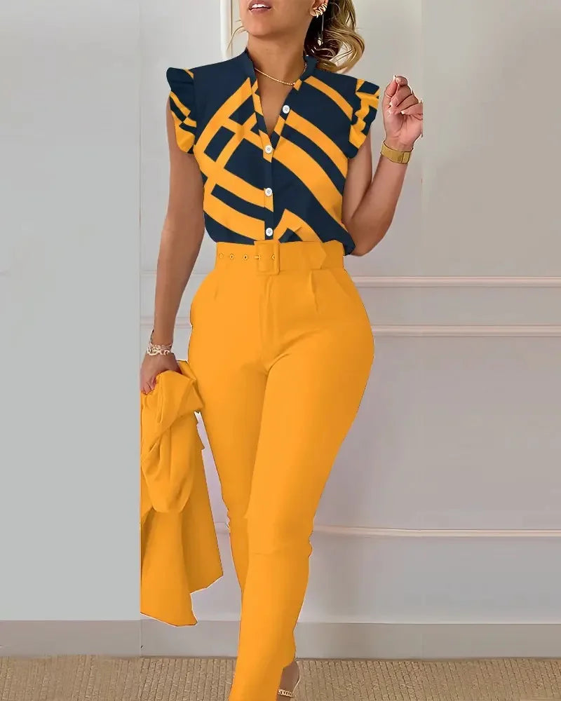 Ensemble deux pièces pour femmes, imprimé floral, manches feuille de Lotus, pantalon taille haute, ceinture, col en v, costume de travail, été