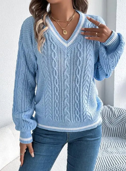 Pull femme 2025 mode Style décontracté automne hiver nouvelle couleur bloquant col en v pâte frite torsion lanterne à manches longues pull