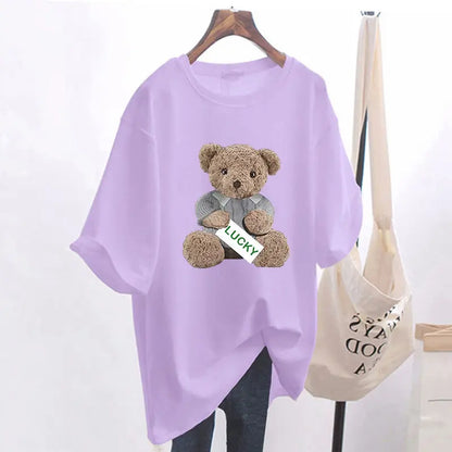 Mode d'été Animal ours imprimé T-shirts de base femmes décontracté pur coton col rond à manches courtes haut t-shirt bureau dame pulls amples