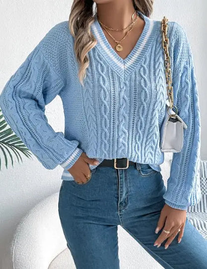 Pull femme 2025 mode Style décontracté automne hiver nouvelle couleur bloquant col en v pâte frite torsion lanterne à manches longues pull