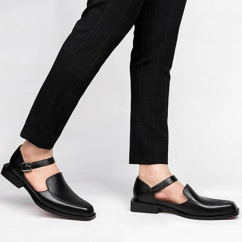 Sandales d'été noires pour hommes, chaussures habillées en cuir Pu avec sangle à boucle, chaussures formelles d'affaires, nouvelle collection