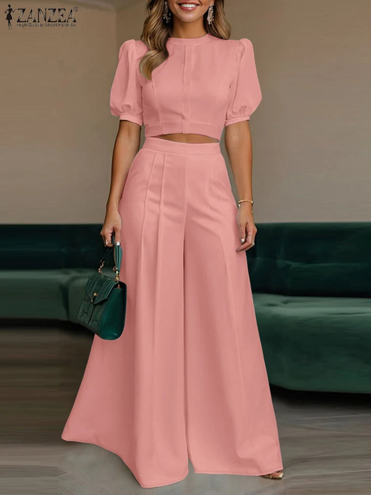 BS -  rue mode femme 2 pièces ensembles élégant manches courtes bouffantes haut court pantalon à jambes larges 2 pièces tenue élégant bureau pantalon ensembles