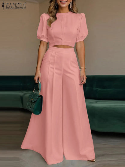 BS -  rue mode femme 2 pièces ensembles élégant manches courtes bouffantes haut court pantalon à jambes larges 2 pièces tenue élégant bureau pantalon ensembles