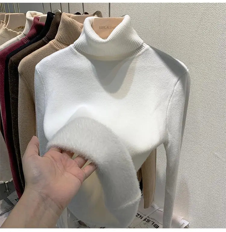Pull épais à col haut pour femme, haut d'hiver chaud et doux, couleur unie, vêtements intérieurs, chemise à bascule, nouvelle collection 2025