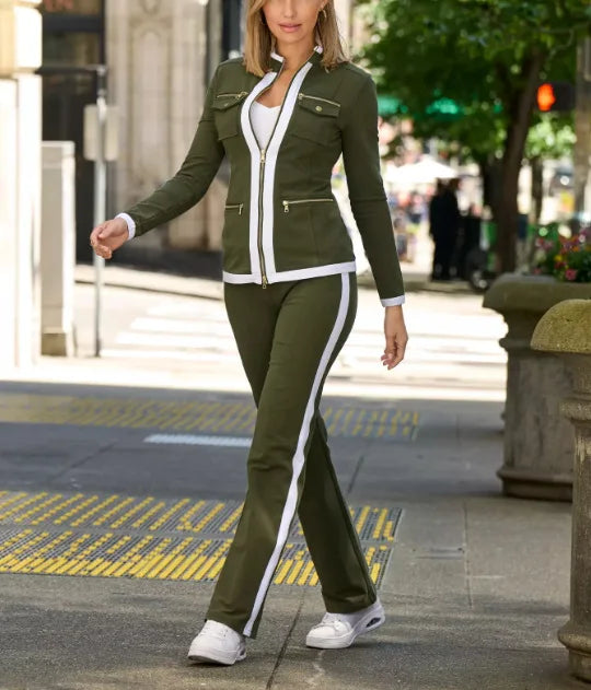 Ensemble deux pièces décontracté pour femmes, nouvelle mode, couleur unie, élégant, Slim, Simple, fermeture éclair, haut, pantalon de survêtement droit, automne et hiver