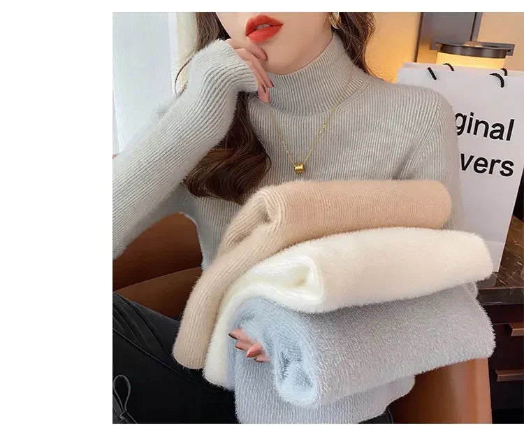 Automne hiver épais Pull femmes tricoté côtelé Pull Pull à manches longues col roulé mince Pull doux chaud Pull Femme 2025