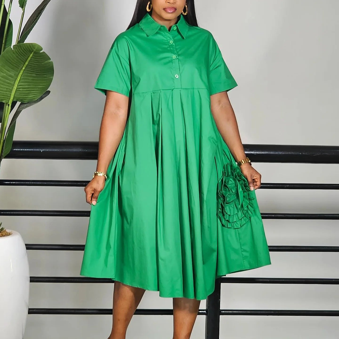 Robe chemise à manches courtes pour femmes, couleur unie, jupe trapèze, élégante, décontractée, Maxi, pour printemps et automne, mode été