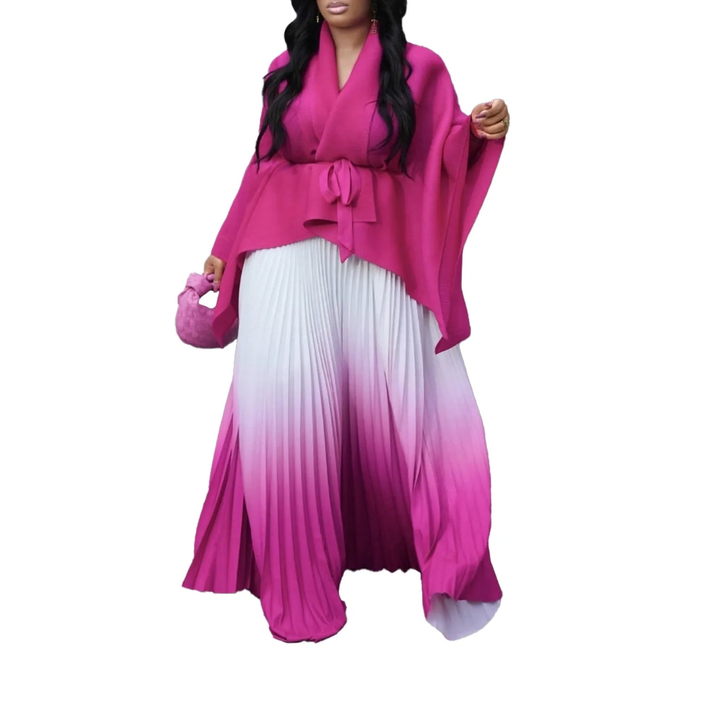 CM.YAYA – ensemble dégradé pour femmes, chemisier à manches longues avec ceinture, chemise et jupes longues plissées, costume de rue, ensemble deux pièces, survêtement