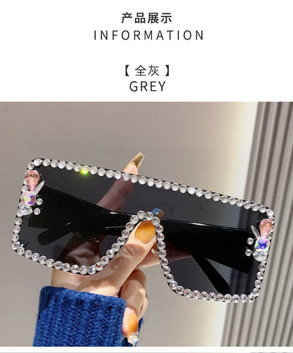 Lunettes de soleil une pièce pour femmes, grande monture rectangulaire incrustée de diamants, avec diamants d'eau