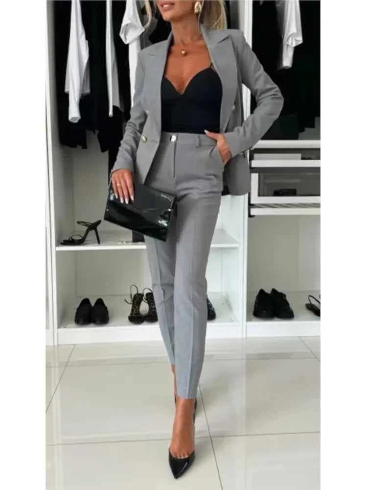 Mode Double boutonnage à manches longues costume ensemble femmes nouveau automne hiver coupe ajustée petite jambe pantalons longs femme bureau 2 pièces ensemble