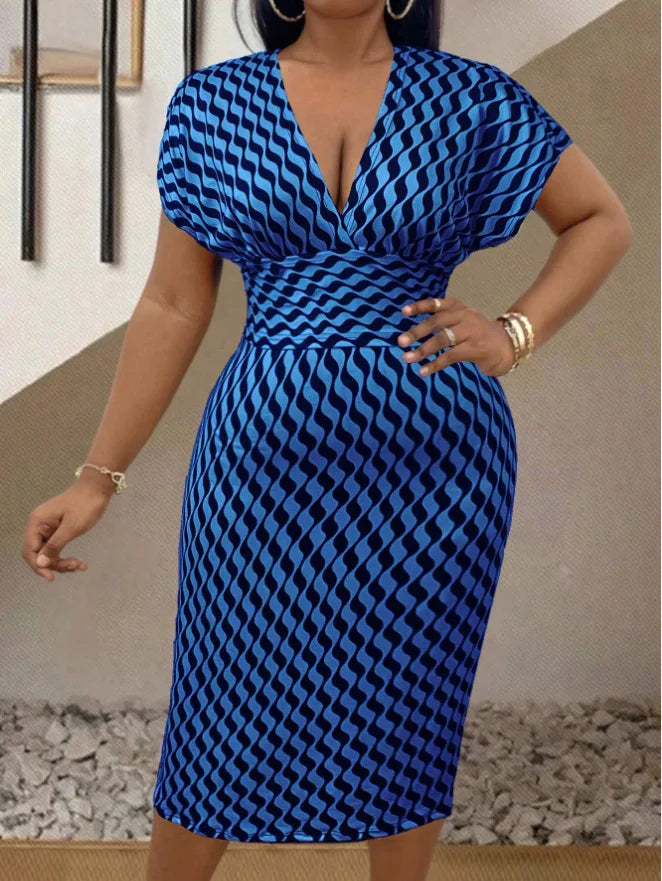 Robe mi-longue Sexy pour femmes, col en V profond, paquet de hanches, élégante, mode imprimée, manches courtes, taille haute, Slim, printemps été