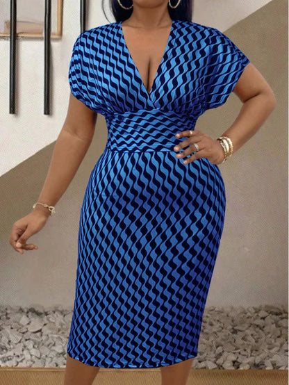 Robe mi-longue Sexy pour femmes, col en V profond, paquet de hanches, élégante, mode imprimée, manches courtes, taille haute, Slim, printemps été