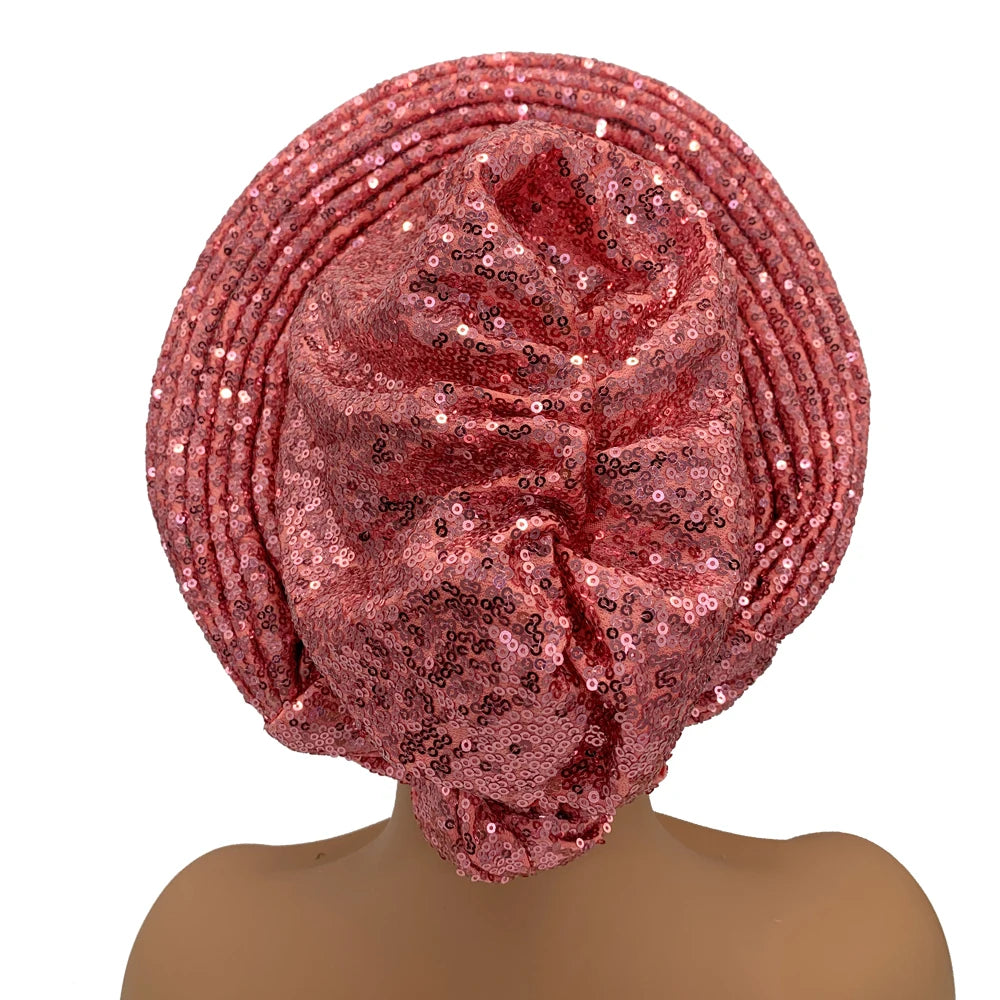 Paillettes Autogele Turban casquette pour femmes prêt africain Auto Gele casque Nigeria mariage Geles femme bandeau dame casque