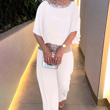 Femmes paillettes Patchwork ample chauve-souris Blouse pantalon ensembles 2 pièces vente rose chemisier ample et jambe large pantalon ample costumes NMD- 250310004