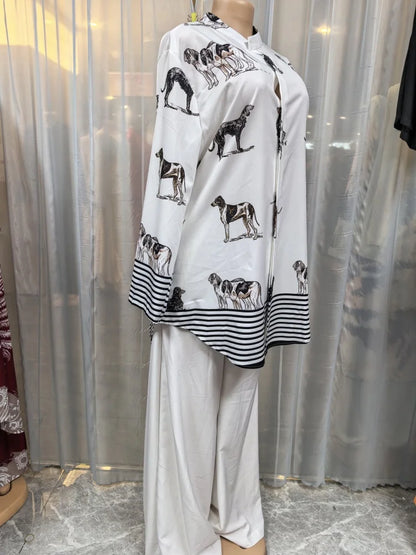 Ensemble Dashiki africain 2 pièces pour femmes, haut imprimé chien, pantalon ample, costume traditionnel, respirant, confortable, tenue décontractée, été