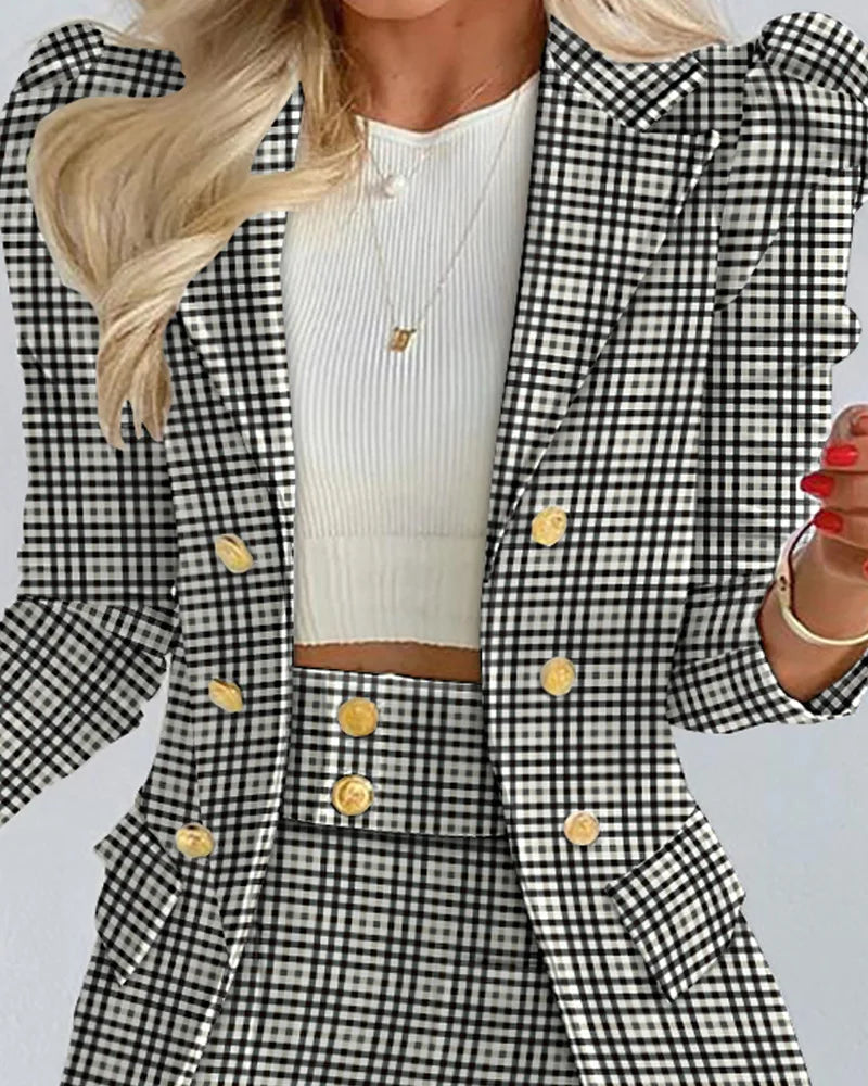 Mode polyvalent correspondant costume et jupe femmes décontracté imprimé fleuri manches bouffantes Blazer manteau et jupe ensemble dames deux pièces costume