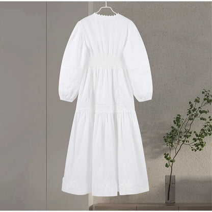 Robe longue en dentelle ajourée pour femmes, élégante, couleur unie, col en v, Patchwork, manches bouffantes, moulante, nouvelle collection printemps 2025