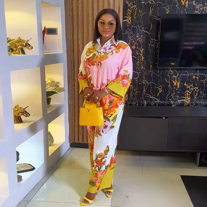 Chemise Vintage décontractée à imprimé Floral pour femmes, col rabattu, pantalon ample, chemisier, ensemble deux pièces, tenues de vacances printemps et été