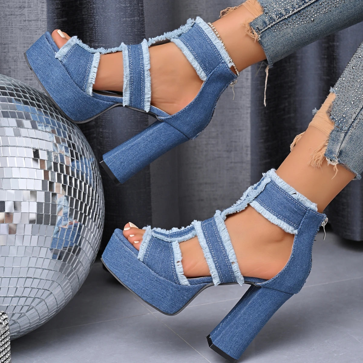 Sandales Peep Parker à talons hauts pour femmes, chaussures à plateforme, sangle de rinçage en denim bleu, mode extérieure sexy, été, nouveau