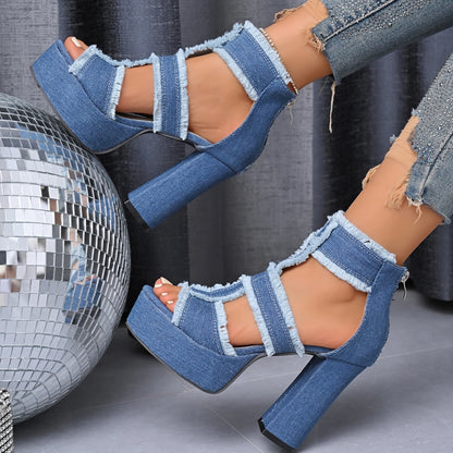 Sandales Peep Parker à talons hauts pour femmes, chaussures à plateforme, sangle de rinçage en denim bleu, mode extérieure sexy, été, nouveau