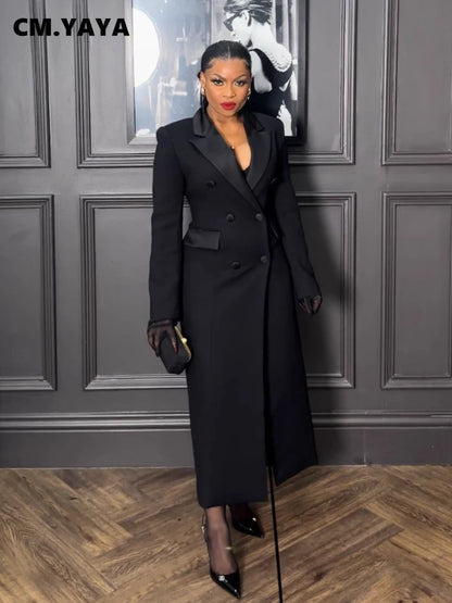 CM.YAYA-Robe longue crantée à manches longues pour femmes, robe de soirée élégante, robe de rue, double boutonnage, sexy, mode, avocat, travail, nuit, printemps