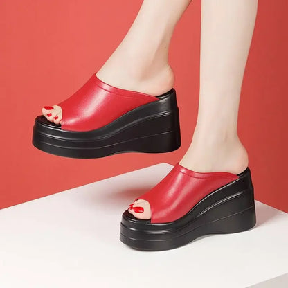 Chaussures confortables à plateforme épaisse de 9.5cm, petite taille 32-43, pantoufles en cuir véritable, talons hauts 2025, diapositives à semelles compensées, modèle de bureau