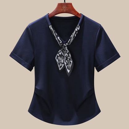 T-Shirt à manches courtes et col en V pour femme, écharpe structurée, épaules froncées, cravate à la taille, amincissante, nouvelle collection 2025