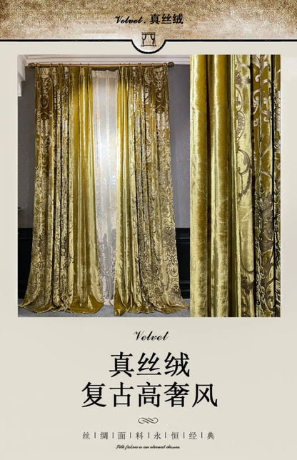 Rideaux occultants de luxe en feuille de velours de soie, estampage doré, pour salon, chambre à coucher, salle à manger, Nature, taille verticale personnalisée, Tulle blanc