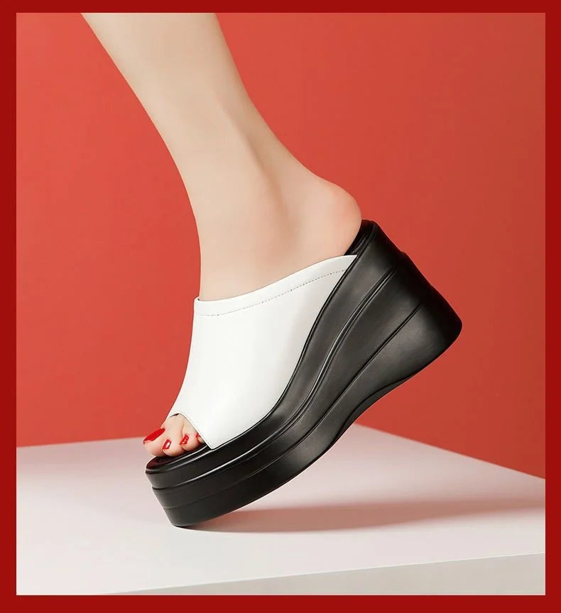 Chaussures confortables à plateforme épaisse de 9.5cm, petite taille 32-43, pantoufles en cuir véritable, talons hauts 2025, diapositives à semelles compensées, modèle de bureau