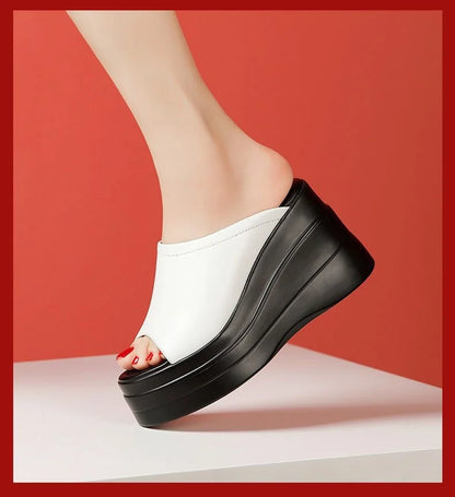 Chaussures confortables à plateforme épaisse de 9.5cm, petite taille 32-43, pantoufles en cuir véritable, talons hauts 2025, diapositives à semelles compensées, modèle de bureau