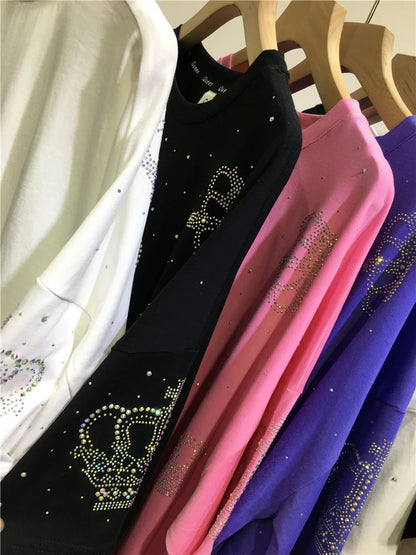 T-shirt à manches courtes pour femmes, haut européen surdimensionné, nouvelle mode, ample, strass, couronne de diamant, fer, diamant, été