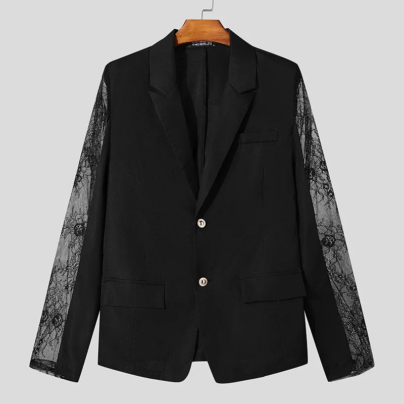 INCERUN hauts 2024 Style américain mode hommes Perspective dentelle épissage conception costume manteaux décontracté solide à manches longues Blazer S-5XL
