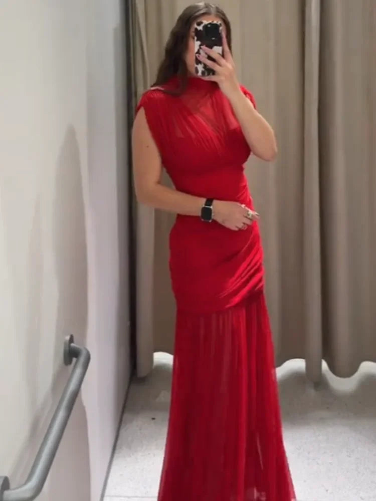 Robe longue de soirée plissée rouge Chic, élégante, manches volantes, maille, Patchwork, Maxi, vacances d'été, plage