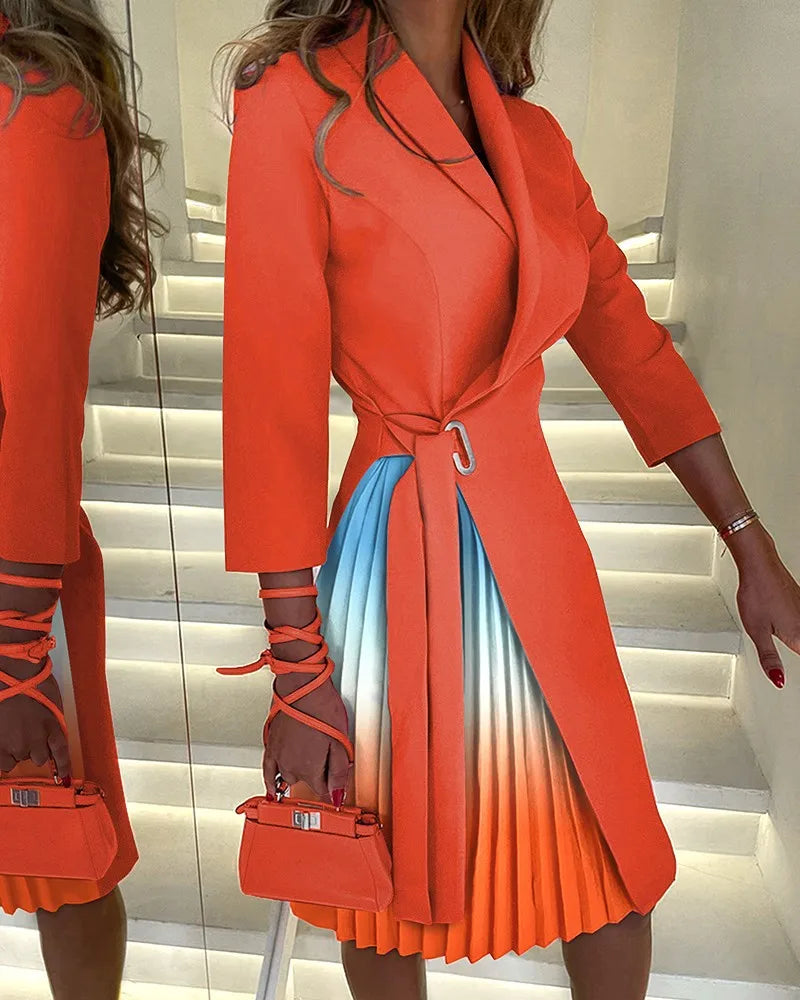 Robe mi-longue plissée à col en V pour femmes, taille à lacets, manches mi-longues, mode chic, robe de bureau élégante