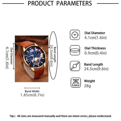 Ensemble de montres à calendrier pour hommes, montre à quartz en cuir marron, bracelet décontracté, luxe, affaires, mode masculine, 2 pièces