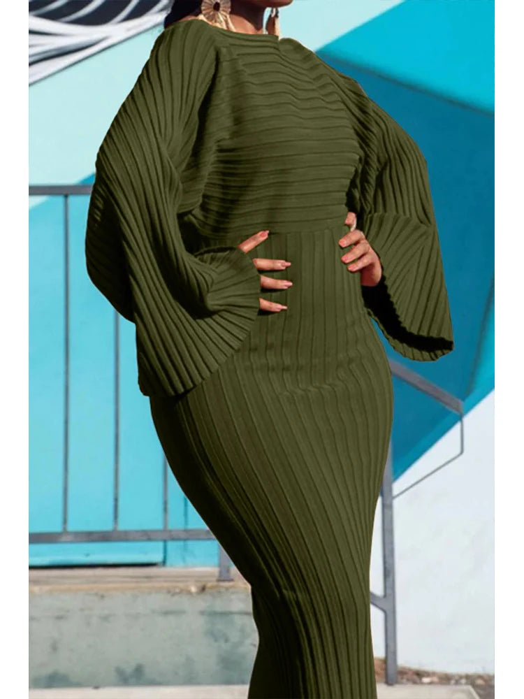 Robe longue côtelée tricotée à manches chauve-souris pour femmes, moulante, couleur unie, élégante, col rond, décontractée, mode automne, robes Vintage solides, 2024