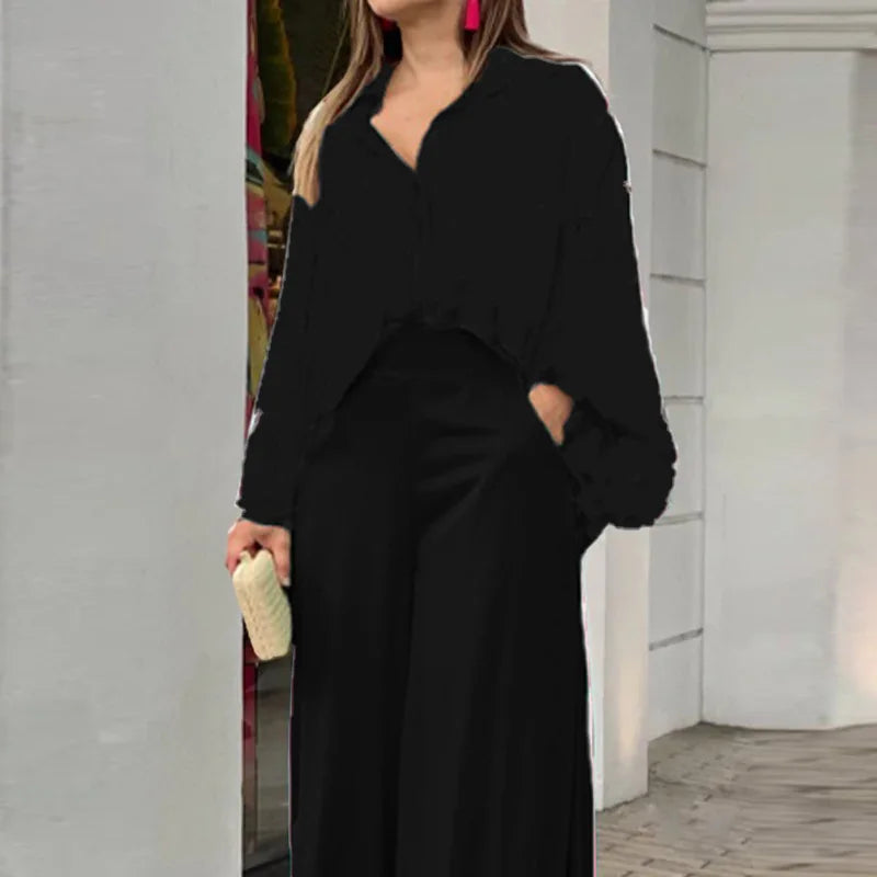Ensemble imprimé à la mode pour femmes, chemise décontractée à manches longues + poches, taille haute, pantalon à jambes larges, ensemble de 2 pièces pour le bureau, printemps et été