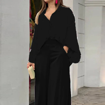 Ensemble imprimé à la mode pour femmes, chemise décontractée à manches longues + poches, taille haute, pantalon à jambes larges, ensemble de 2 pièces pour le bureau, printemps et été