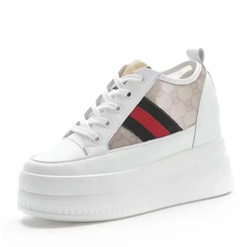 9cm femmes chaussures grosses baskets Air maille évider en cuir véritable blanc chaussures compensées plate-forme talon pompes Mujer Bombas