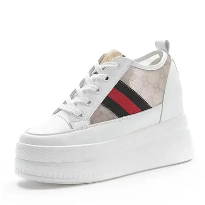9cm femmes chaussures grosses baskets Air maille évider en cuir véritable blanc chaussures compensées plate-forme talon pompes Mujer Bombas