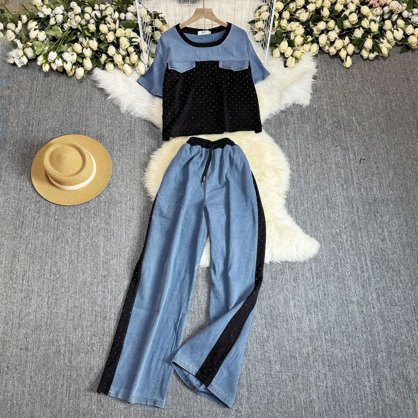 Ensemble deux pièces en Denim pour femmes, ensemble pantalon assorti, Streetwear Y2k, décontracté, perçage à chaud, hauts, jambes larges, pantalons longs, taille haute, 2025