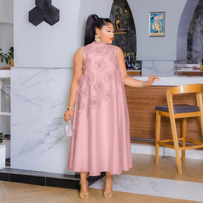 Robe de soirée décontractée pour femmes, couleur unie, col rond, sans manches, décor floral, grande balançoire