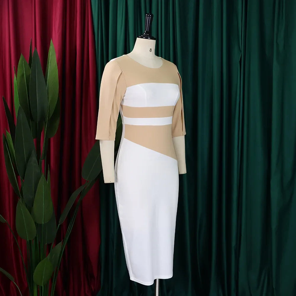 Robe élégante à col rond pour femme, manches trois quarts, gaine patchwork, hanches GT, mi-mollet, affaires professionnelles, chaud, bureau