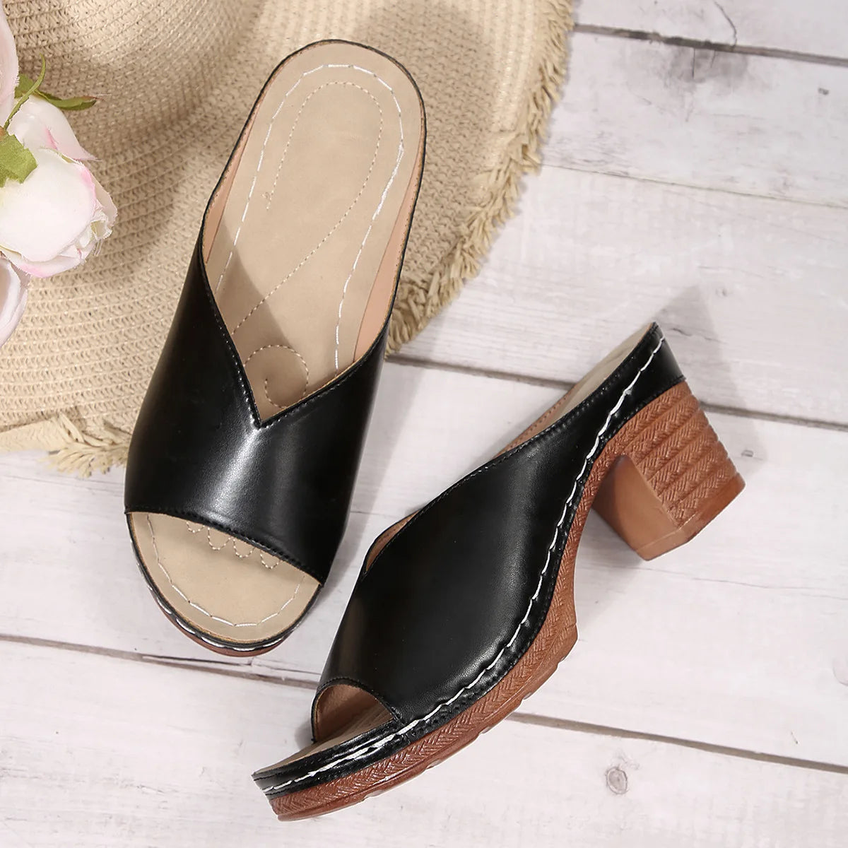 Pantoufles à talons hauts et bout ouvert pour femmes, nouvelle mode d'été, vêtements d'extérieur, chaussures à enfiler, tailles 36 à 43, amorti supérieur en polyuréthane